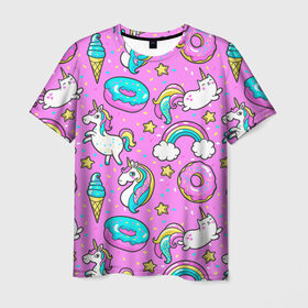 Мужская футболка 3D с принтом Котики и Единороги в Екатеринбурге, 100% полиэфир | прямой крой, круглый вырез горловины, длина до линии бедер | Тематика изображения на принте: единорог | мороженое | пони | пончики | радуга | розовый