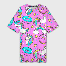 Платье-футболка 3D с принтом Котики и Единороги в Екатеринбурге,  |  | единорог | мороженое | пони | пончики | радуга | розовый