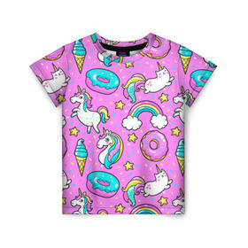 Детская футболка 3D с принтом Котики и Единороги в Екатеринбурге, 100% гипоаллергенный полиэфир | прямой крой, круглый вырез горловины, длина до линии бедер, чуть спущенное плечо, ткань немного тянется | Тематика изображения на принте: единорог | мороженое | пони | пончики | радуга | розовый