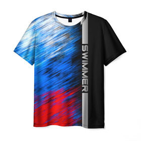 Мужская футболка 3D с принтом Swimmer в Екатеринбурге, 100% полиэфир | прямой крой, круглый вырез горловины, длина до линии бедер | линии | пловец | пловчиха | полосы | россия | рф | флаг