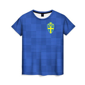 Женская футболка 3D с принтом Швеция гостевая форма ЧМ 2018 в Екатеринбурге, 100% полиэфир ( синтетическое хлопкоподобное полотно) | прямой крой, круглый вырез горловины, длина до линии бедер | гостевая форма | сборная швеции | футбольная форма | швеция