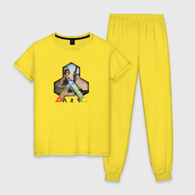Женская пижама хлопок с принтом Ark Survival Evolved в Екатеринбурге, 100% хлопок | брюки и футболка прямого кроя, без карманов, на брюках мягкая резинка на поясе и по низу штанин | арк