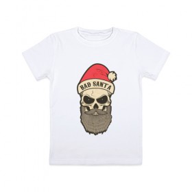 Детская футболка хлопок с принтом Санта череп в Екатеринбурге, 100% хлопок | круглый вырез горловины, полуприлегающий силуэт, длина до линии бедер | Тематика изображения на принте: skull | бородатый | рождество | санта клаус