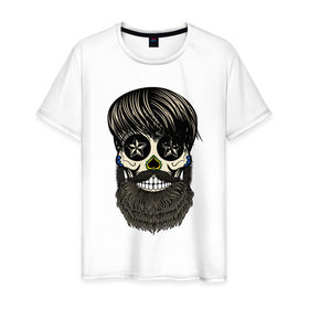 Мужская футболка хлопок с принтом Сахарный череп с бородой в Екатеринбурге, 100% хлопок | прямой крой, круглый вырез горловины, длина до линии бедер, слегка спущенное плечо. | бородатый | день мертвых | сахарный череп | хелловин | хипстер