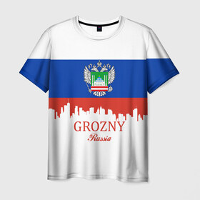 Мужская футболка 3D с принтом GROZNY (Грозный) в Екатеринбурге, 100% полиэфир | прямой крой, круглый вырез горловины, длина до линии бедер | chechnya | grozny | герб | город | грозный | кавказ | кавказец | кадыров | надпись | патриот | республика | северный | флаг | флага | цвета | чех | чечен | чеченец | чеченка | чеченская | чечня