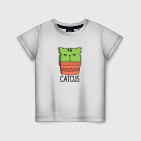 Детская футболка 3D с принтом Catcus в Екатеринбурге, 100% гипоаллергенный полиэфир | прямой крой, круглый вырез горловины, длина до линии бедер, чуть спущенное плечо, ткань немного тянется | Тематика изображения на принте: кактус | кот | котик