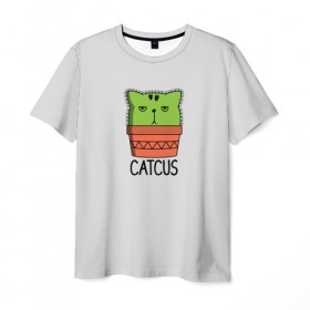 Мужская футболка 3D с принтом Catcus в Екатеринбурге, 100% полиэфир | прямой крой, круглый вырез горловины, длина до линии бедер | Тематика изображения на принте: кактус | кот | котик