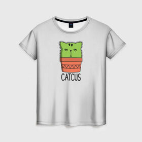 Женская футболка 3D с принтом Catcus в Екатеринбурге, 100% полиэфир ( синтетическое хлопкоподобное полотно) | прямой крой, круглый вырез горловины, длина до линии бедер | Тематика изображения на принте: кактус | кот | котик