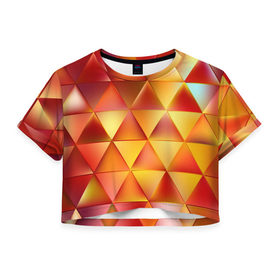 Женская футболка 3D укороченная с принтом Огненные треугольники в Екатеринбурге, 100% полиэстер | круглая горловина, длина футболки до линии талии, рукава с отворотами | 