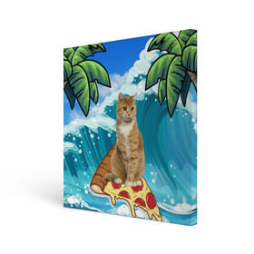 Холст квадратный с принтом Сёрфинг на Пицце в Екатеринбурге, 100% ПВХ |  | cat | palm | pizza | surfing | wave | волна | животное | кот | пальмы | пицца | серфинг
