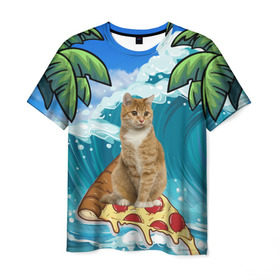 Мужская футболка 3D с принтом Сёрфинг на Пицце в Екатеринбурге, 100% полиэфир | прямой крой, круглый вырез горловины, длина до линии бедер | Тематика изображения на принте: cat | palm | pizza | surfing | wave | волна | животное | кот | пальмы | пицца | серфинг