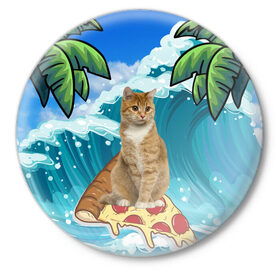 Значок с принтом Сёрфинг на Пицце в Екатеринбурге,  металл | круглая форма, металлическая застежка в виде булавки | Тематика изображения на принте: cat | palm | pizza | surfing | wave | волна | животное | кот | пальмы | пицца | серфинг