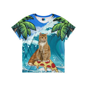 Детская футболка 3D с принтом Сёрфинг на Пицце в Екатеринбурге, 100% гипоаллергенный полиэфир | прямой крой, круглый вырез горловины, длина до линии бедер, чуть спущенное плечо, ткань немного тянется | cat | palm | pizza | surfing | wave | волна | животное | кот | пальмы | пицца | серфинг
