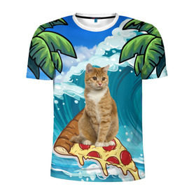 Мужская футболка 3D спортивная с принтом Сёрфинг на Пицце в Екатеринбурге, 100% полиэстер с улучшенными характеристиками | приталенный силуэт, круглая горловина, широкие плечи, сужается к линии бедра | Тематика изображения на принте: cat | palm | pizza | surfing | wave | волна | животное | кот | пальмы | пицца | серфинг