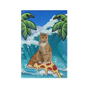 Обложка для паспорта матовая кожа с принтом Сёрфинг на Пицце в Екатеринбурге, натуральная матовая кожа | размер 19,3 х 13,7 см; прозрачные пластиковые крепления | cat | palm | pizza | surfing | wave | волна | животное | кот | пальмы | пицца | серфинг