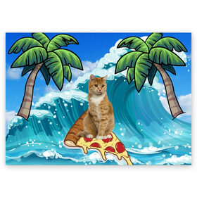 Поздравительная открытка с принтом Сёрфинг на Пицце в Екатеринбурге, 100% бумага | плотность бумаги 280 г/м2, матовая, на обратной стороне линовка и место для марки
 | cat | palm | pizza | surfing | wave | волна | животное | кот | пальмы | пицца | серфинг