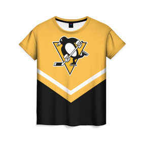 Женская футболка 3D с принтом Pittsburgh Penguins (Форма 1) в Екатеринбурге, 100% полиэфир ( синтетическое хлопкоподобное полотно) | прямой крой, круглый вырез горловины, длина до линии бедер | питтсбург пингвинз
