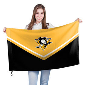 Флаг 3D с принтом Pittsburgh Penguins (Форма 1) в Екатеринбурге, 100% полиэстер | плотность ткани — 95 г/м2, размер — 67 х 109 см. Принт наносится с одной стороны | питтсбург пингвинз