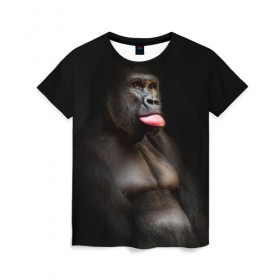 Женская футболка 3D с принтом Горилла в Екатеринбурге, 100% полиэфир ( синтетическое хлопкоподобное полотно) | прямой крой, круглый вырез горловины, длина до линии бедер | горилла | животные | обезьяна | прикол | природа | смешно | юмор | язык