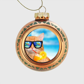 Стеклянный ёлочный шар с принтом КОТ НА ПЛЯЖЕ. в Екатеринбурге, Стекло | Диаметр: 80 мм | summer | апельсиновый сок | кот | кот на пляже | коте | котик | котэ | котяра | лето | море | небо | отдых | очки | пляже