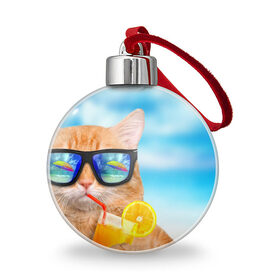 Ёлочный шар с принтом Кот на пляже в Екатеринбурге, Пластик | Диаметр: 77 мм | summer | апельсиновый сок | кот | кот на пляже | коте | котик | котэ | котяра | лето | море | небо | отдых | очки | пляже