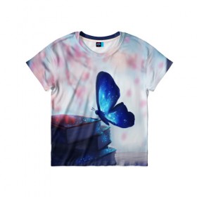 Детская футболка 3D с принтом Волшебная бабочка в Екатеринбурге, 100% гипоаллергенный полиэфир | прямой крой, круглый вырез горловины, длина до линии бедер, чуть спущенное плечо, ткань немного тянется | бабочка | волшебная бабочка | голубая бабочка | книги | насекомая | насекомое | пыльца | синея бабочка