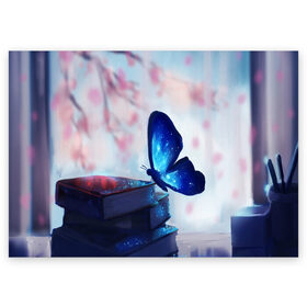 Поздравительная открытка с принтом ВОЛШЕБНАЯ БАБОЧКА. в Екатеринбурге, 100% бумага | плотность бумаги 280 г/м2, матовая, на обратной стороне линовка и место для марки
 | бабочка | волшебная бабочка | голубая бабочка | книги | насекомая | насекомое | пыльца | синея бабочка