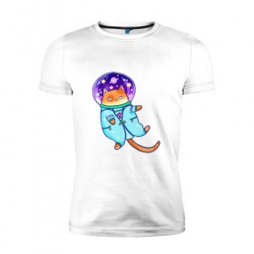 Мужская футболка премиум с принтом Кот и космос в Екатеринбурге, 92% хлопок, 8% лайкра | приталенный силуэт, круглый вырез ворота, длина до линии бедра, короткий рукав | звезды | космонавт | космос | кот