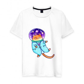 Мужская футболка хлопок с принтом Кот и космос в Екатеринбурге, 100% хлопок | прямой крой, круглый вырез горловины, длина до линии бедер, слегка спущенное плечо. | звезды | космонавт | космос | кот