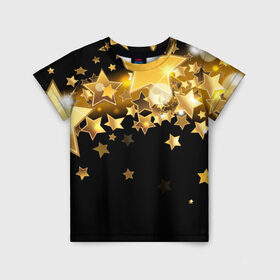 Детская футболка 3D с принтом Золотые звездочки в Екатеринбурге, 100% гипоаллергенный полиэфир | прямой крой, круглый вырез горловины, длина до линии бедер, чуть спущенное плечо, ткань немного тянется | Тематика изображения на принте: 3d | звездочки | звезды | золото | золотые звездочки | картинка | черный фон