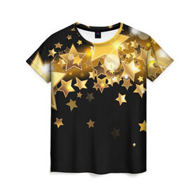Женская футболка 3D с принтом Золотые звездочки в Екатеринбурге, 100% полиэфир ( синтетическое хлопкоподобное полотно) | прямой крой, круглый вырез горловины, длина до линии бедер | 3d | звездочки | звезды | золото | золотые звездочки | картинка | черный фон