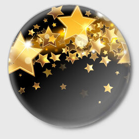 Значок с принтом Золотые звездочки в Екатеринбурге,  металл | круглая форма, металлическая застежка в виде булавки | 3d | звездочки | звезды | золото | золотые звездочки | картинка | черный фон