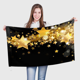 Флаг 3D с принтом Золотые звездочки в Екатеринбурге, 100% полиэстер | плотность ткани — 95 г/м2, размер — 67 х 109 см. Принт наносится с одной стороны | 3d | звездочки | звезды | золото | золотые звездочки | картинка | черный фон