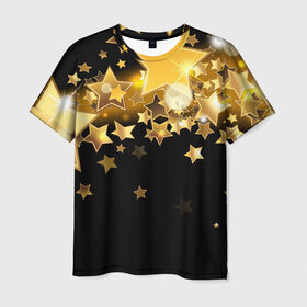 Мужская футболка 3D с принтом Золотые звездочки в Екатеринбурге, 100% полиэфир | прямой крой, круглый вырез горловины, длина до линии бедер | 3d | звездочки | звезды | золото | золотые звездочки | картинка | черный фон