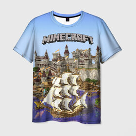 Мужская футболка 3D с принтом Корабль и замок в манкрафт. в Екатеринбурге, 100% полиэфир | прямой крой, круглый вырез горловины, длина до линии бедер | minekraft | замок | корабль | майнкрафт | море | парусаminecraft