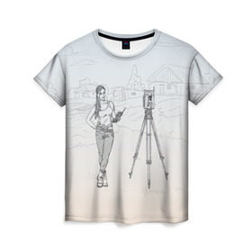 Женская футболка 3D с принтом Девушка с контроллером в Екатеринбурге, 100% полиэфир ( синтетическое хлопкоподобное полотно) | прямой крой, круглый вырез горловины, длина до линии бедер | surveyor | геодезист | геодезия | кадастр