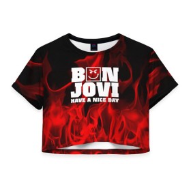 Женская футболка 3D укороченная с принтом BON JOVI в Екатеринбурге, 100% полиэстер | круглая горловина, длина футболки до линии талии, рукава с отворотами | bon jovi | альтернативный хип хоп | группа | инди поп | музыка | музыкальное произведение | ноты | регги | рок | синти поп