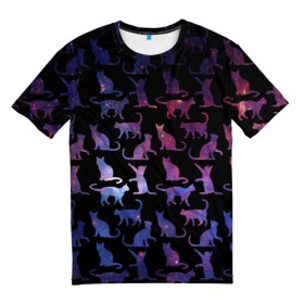 Мужская футболка 3D с принтом Космические Коты в Екатеринбурге, 100% полиэфир | прямой крой, круглый вырез горловины, длина до линии бедер | звезды | космос | кот | котик | паттерн