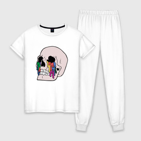 Женская пижама хлопок с принтом Twenty One Pilots в Екатеринбурге, 100% хлопок | брюки и футболка прямого кроя, без карманов, на брюках мягкая резинка на поясе и по низу штанин | Тематика изображения на принте: skull | череп