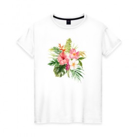 Женская футболка хлопок с принтом Букет цветов в Екатеринбурге, 100% хлопок | прямой крой, круглый вырез горловины, длина до линии бедер, слегка спущенное плечо | цветы