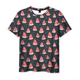 Мужская футболка 3D с принтом Tropical melon dark в Екатеринбурге, 100% полиэфир | прямой крой, круглый вырез горловины, длина до линии бедер | арбуз