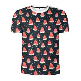 Мужская футболка 3D спортивная с принтом Tropical melon dark в Екатеринбурге, 100% полиэстер с улучшенными характеристиками | приталенный силуэт, круглая горловина, широкие плечи, сужается к линии бедра | Тематика изображения на принте: арбуз