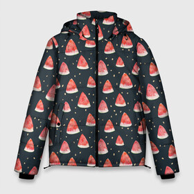 Мужская зимняя куртка 3D с принтом Tropical melon dark в Екатеринбурге, верх — 100% полиэстер; подкладка — 100% полиэстер; утеплитель — 100% полиэстер | длина ниже бедра, свободный силуэт Оверсайз. Есть воротник-стойка, отстегивающийся капюшон и ветрозащитная планка. 

Боковые карманы с листочкой на кнопках и внутренний карман на молнии. | Тематика изображения на принте: арбуз