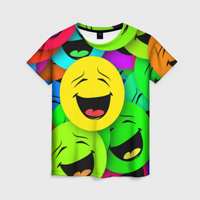 Женская футболка 3D с принтом Смайлы в Екатеринбурге, 100% полиэфир ( синтетическое хлопкоподобное полотно) | прямой крой, круглый вырез горловины, длина до линии бедер | веселые | веселые смайлики | настроение | позитив | разноцветные | смайлики | смайлы | смешные