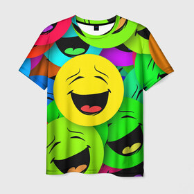 Мужская футболка 3D с принтом Смайлы в Екатеринбурге, 100% полиэфир | прямой крой, круглый вырез горловины, длина до линии бедер | веселые | веселые смайлики | настроение | позитив | разноцветные | смайлики | смайлы | смешные