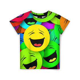 Детская футболка 3D с принтом Смайлы в Екатеринбурге, 100% гипоаллергенный полиэфир | прямой крой, круглый вырез горловины, длина до линии бедер, чуть спущенное плечо, ткань немного тянется | веселые | веселые смайлики | настроение | позитив | разноцветные | смайлики | смайлы | смешные
