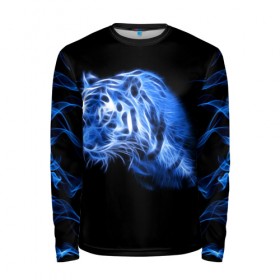Мужской лонгслив 3D с принтом Синий тигр в Екатеринбурге, 100% полиэстер | длинные рукава, круглый вырез горловины, полуприлегающий силуэт | tiger | большая кошка | огонь | пламя | тигр | хищник