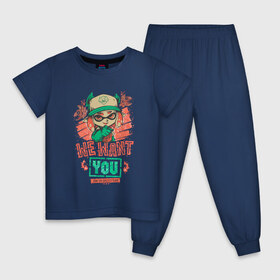 Детская пижама хлопок с принтом Salmon Run в Екатеринбурге, 100% хлопок |  брюки и футболка прямого кроя, без карманов, на брюках мягкая резинка на поясе и по низу штанин
 | Тематика изображения на принте: grizzco runs | nintendo switch | splatoon 2