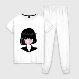 Женская пижама хлопок с принтом MIRRORS Sad Japanese Aesthetic в Екатеринбурге, 100% хлопок | брюки и футболка прямого кроя, без карманов, на брюках мягкая резинка на поясе и по низу штанин | 