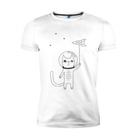 Мужская футболка премиум с принтом кот в космосе в Екатеринбурге, 92% хлопок, 8% лайкра | приталенный силуэт, круглый вырез ворота, длина до линии бедра, короткий рукав | космос | кот